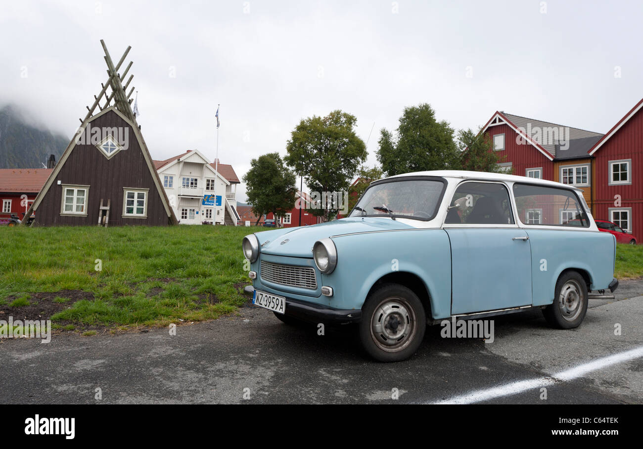 A Trabant parked in the centre of Svolvaer, Lofoten Islands, Norway. Stock Photo