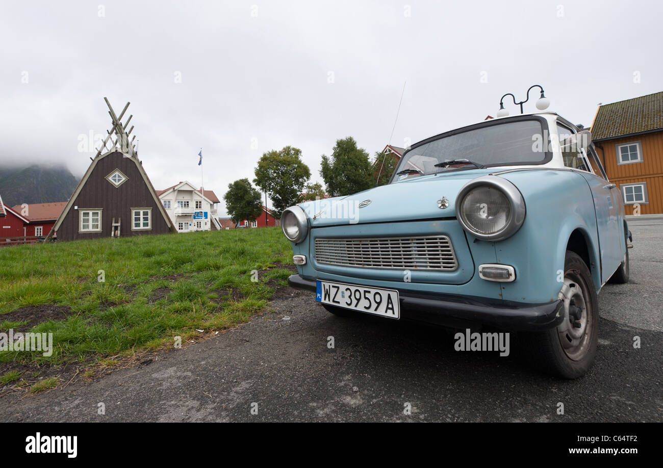 A Trabant parked in the centre of Svolvaer, Lofoten Islands, Norway. Stock Photo