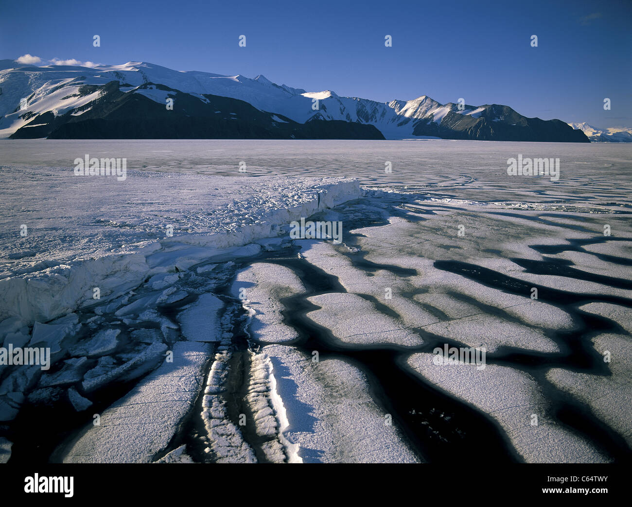 Aerial view of Campbell Ice Tongue in Ross Sea, Antarctica Stock Photo