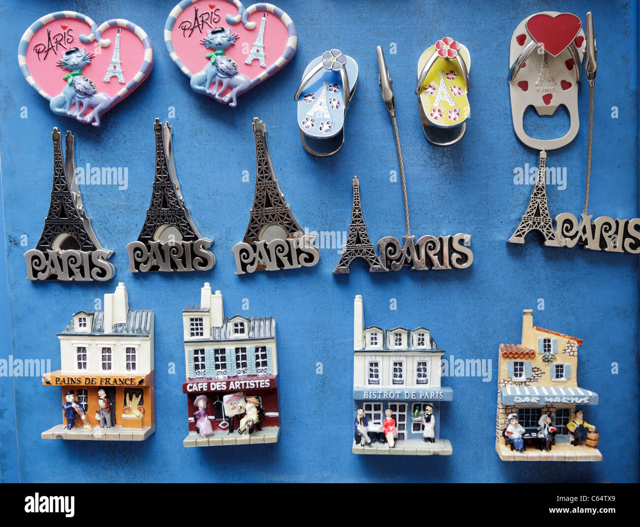 Tourist souvenir tat outside a Paris gift shop Stock Photo