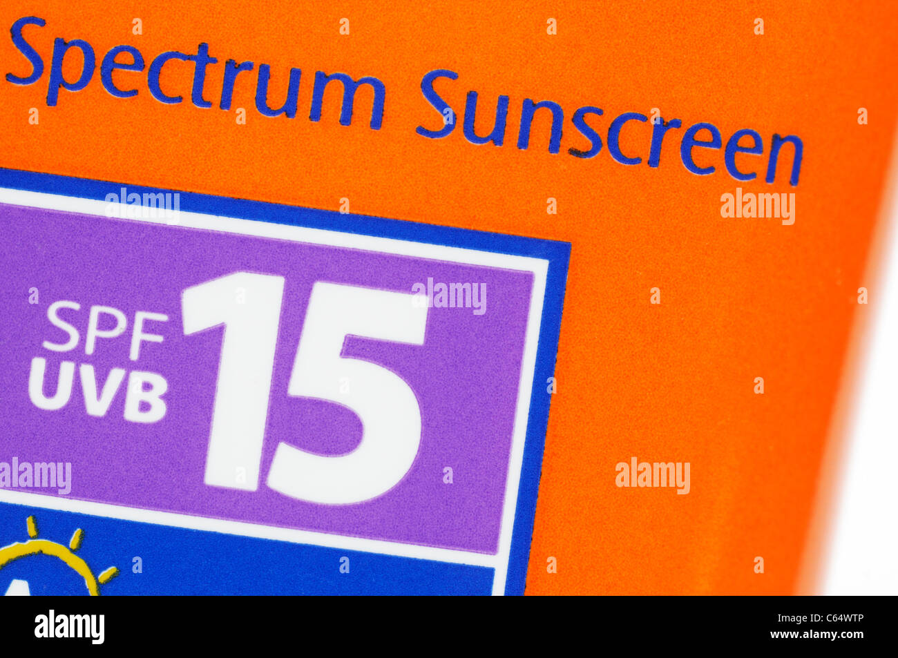 SPF 15 sunscreen label closeup Stock Photo Alamy