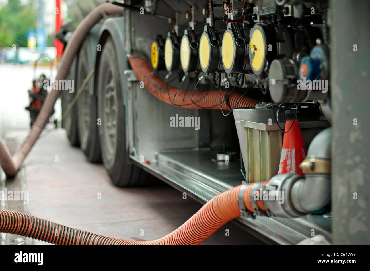 Fuel truck which refill. Hoses and pumps to load the truck Stock Photo