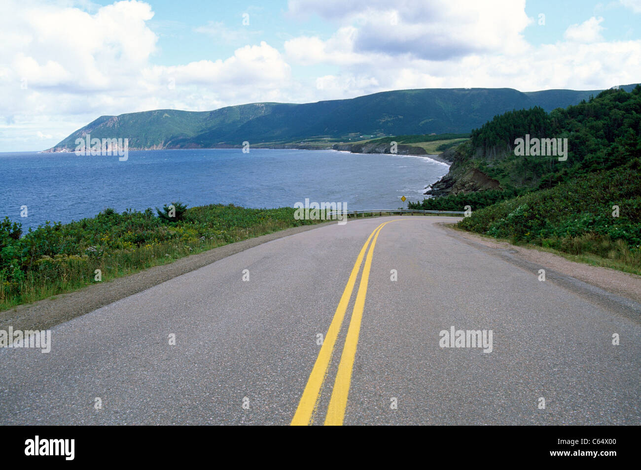 Cape Breton Island, Nova Scotia, Canada - Coastal Road overlooks Atlantic Coastline / Gulf of St Lawrence & Cape North Headlands Stock Photo