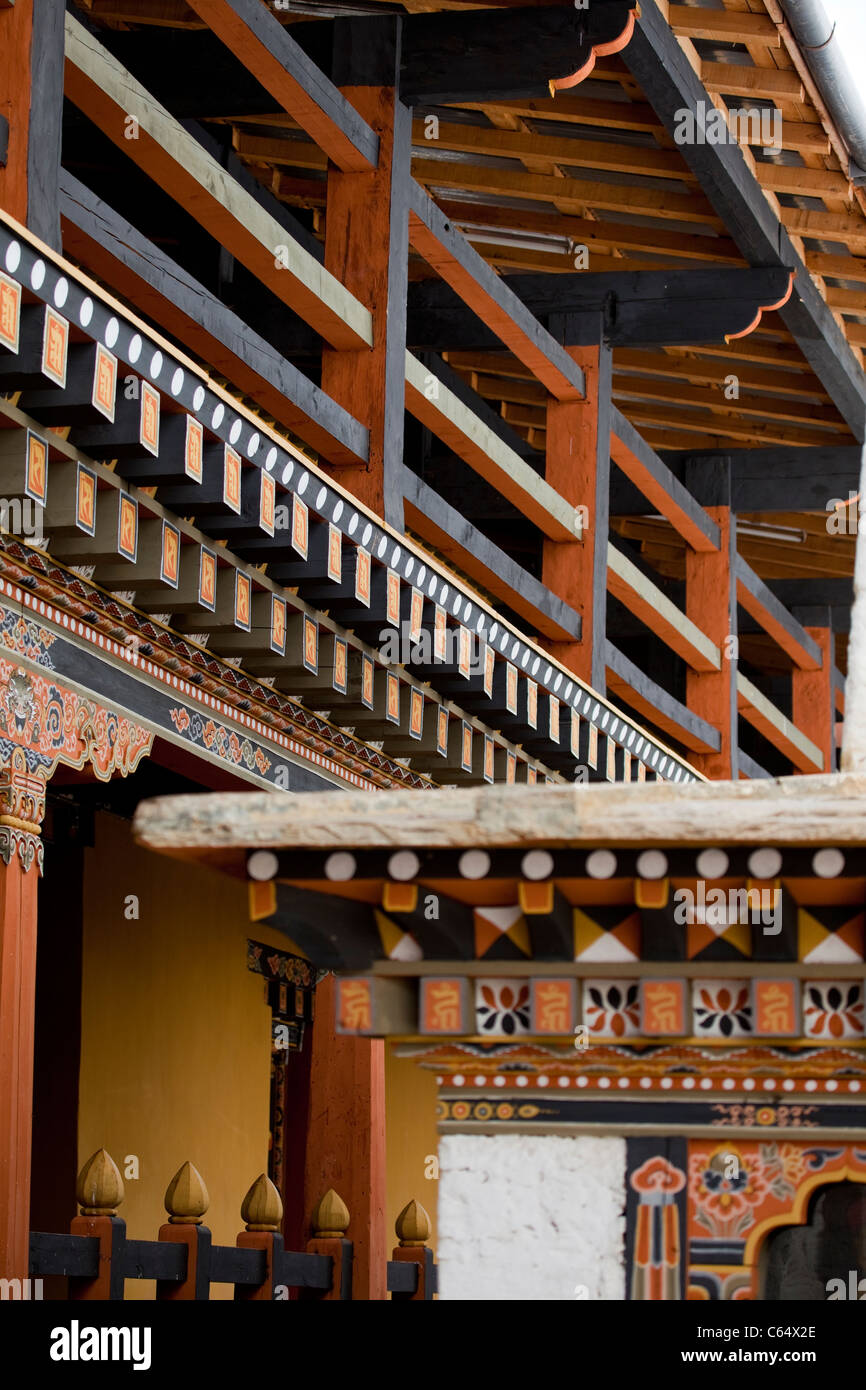 Detail of the timber frames of the dochey (courtyard) of Semtokha Dzong, Thimpu, Bhutan. Stock Photo