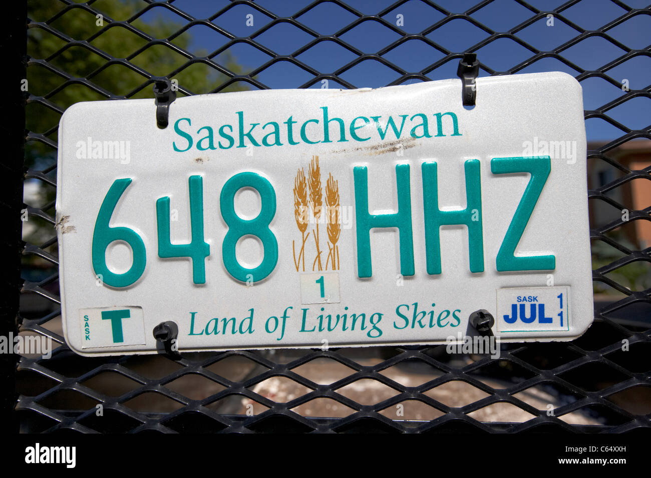 Saskatchewan land of the living skies license plate Canada Stock Photo