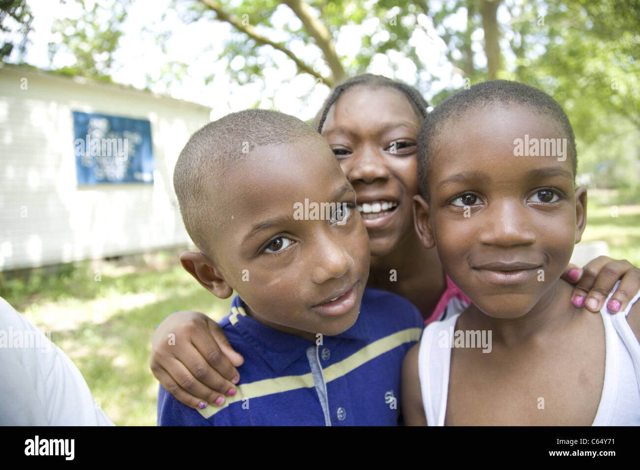 Portraits of African American children in the poverty stricken, rundown Brightmoor neighborhood of Detroit, MI. Stock Photo