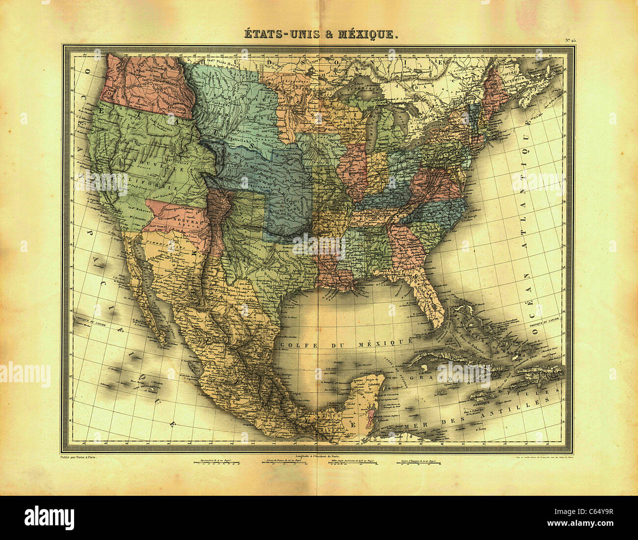 Antiquarian Map Etats-Unis & Mexique - The United States and Mexico - 1848 Thunot Duvotenay Map Stock Photo