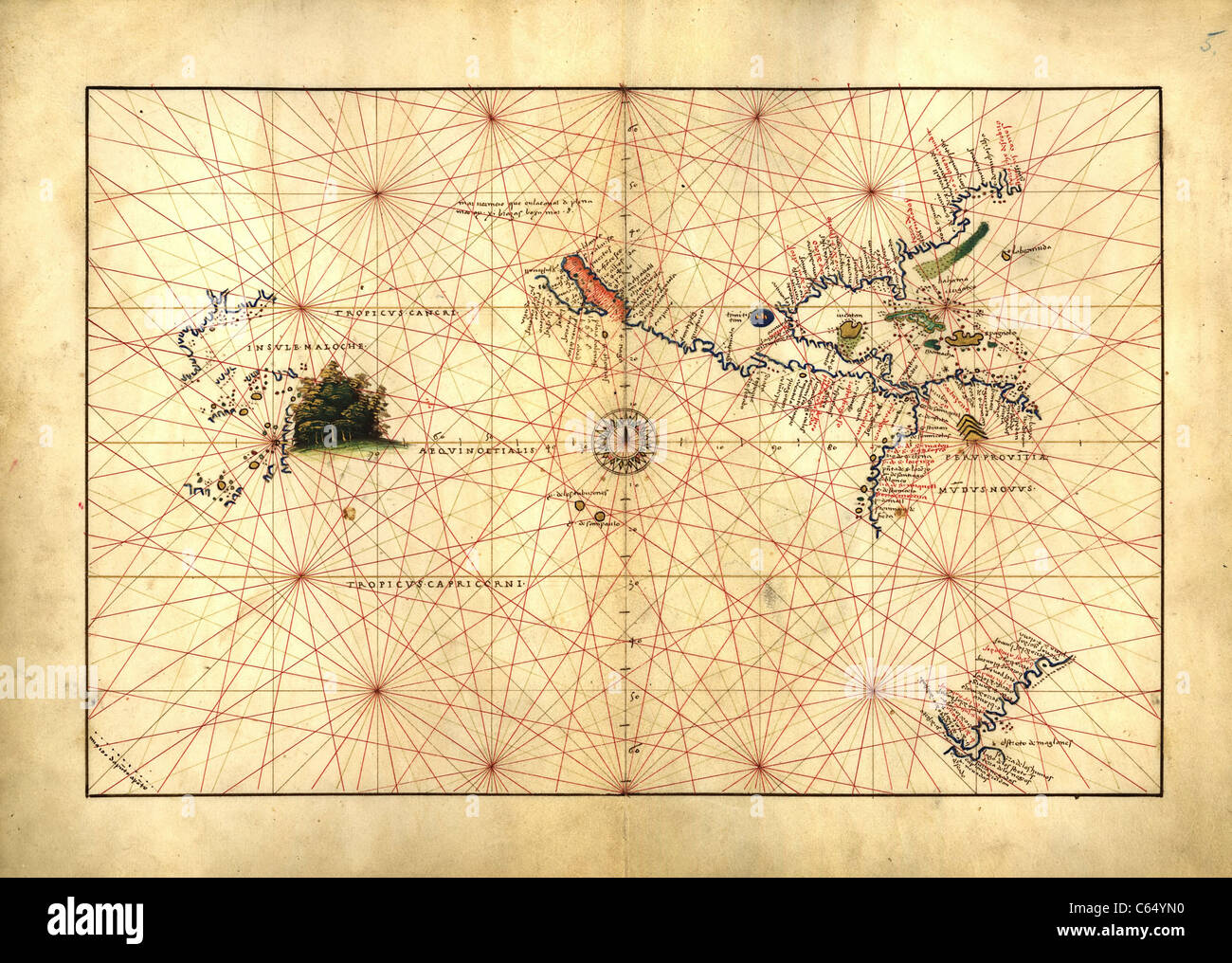 Pacific Ocean - Antiquarian Map or Portolan Chart from 16th Century Portolan Atlas Stock Photo