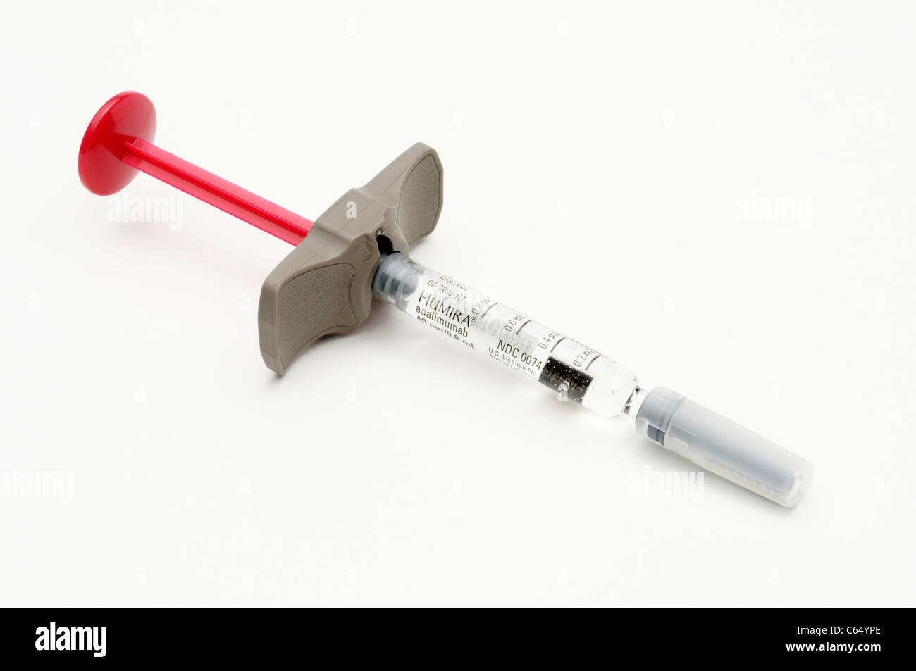 Pre-filled syringe of Humira (Adalimumab) used for inflammatory diseases like RA, psoriasis and psoriatic arthritis Stock Photo