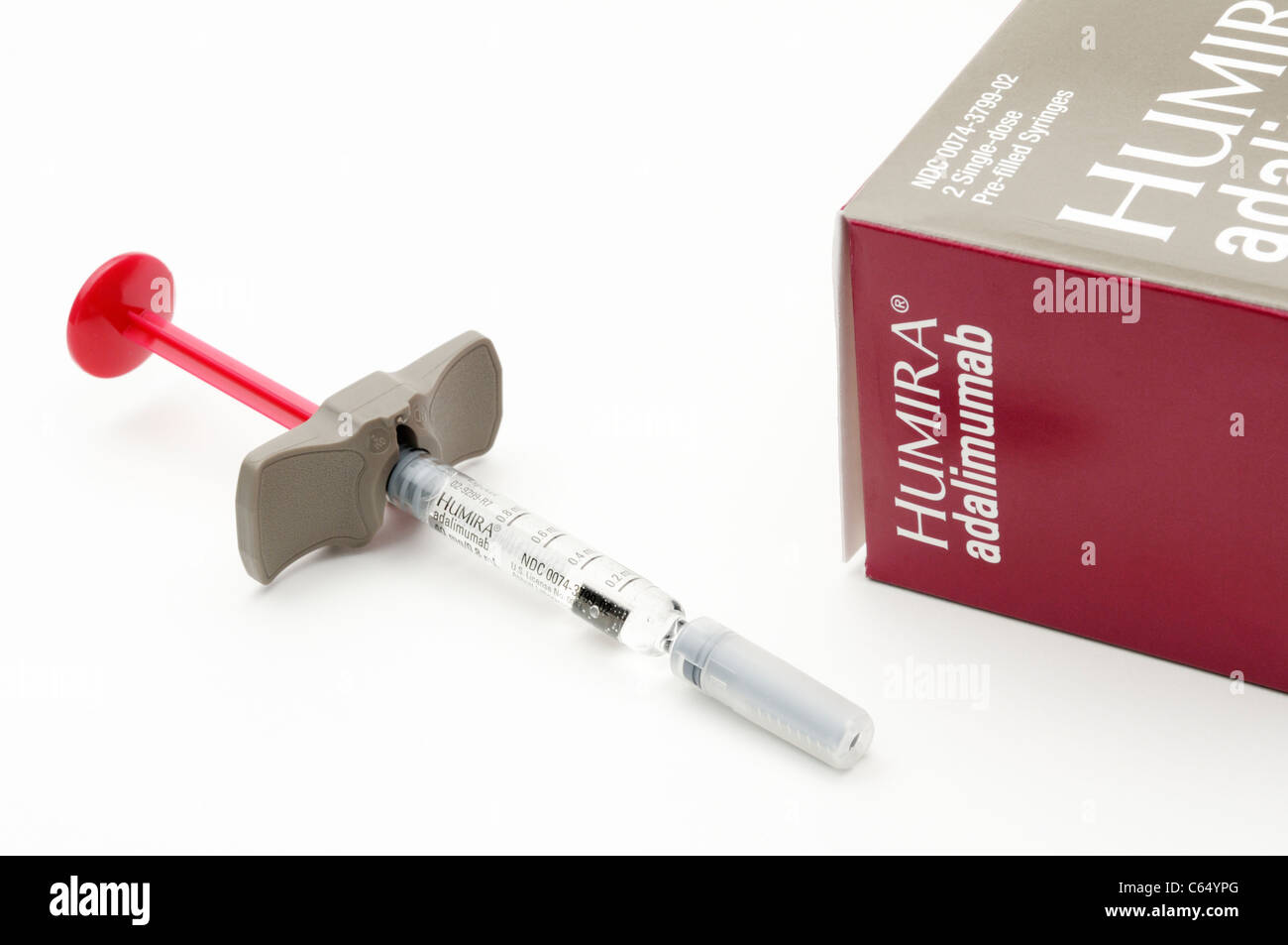 Pre-filled syringe of Humira (Adalimumab) used for inflammatory diseases like RA, psoriasis and psoriatic arthritis Stock Photo