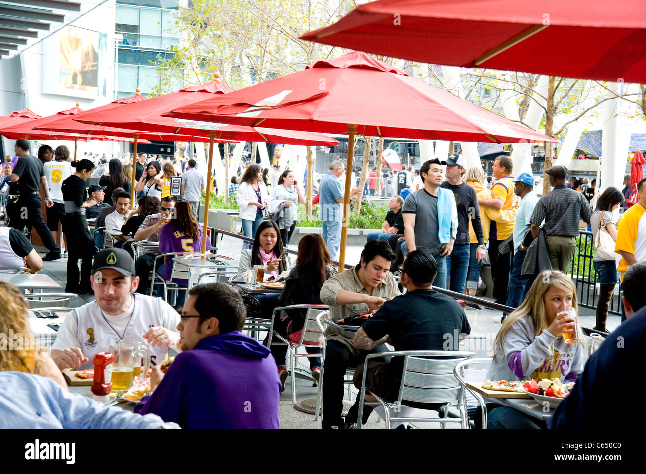 Outdoor cafe at L.A. Live complex in downtown Los Angeles Stock Photo