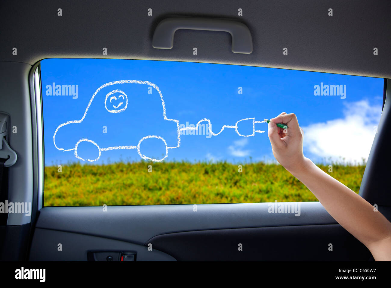 hand drawing Electric car concept on the car windows Stock Photo Alamy