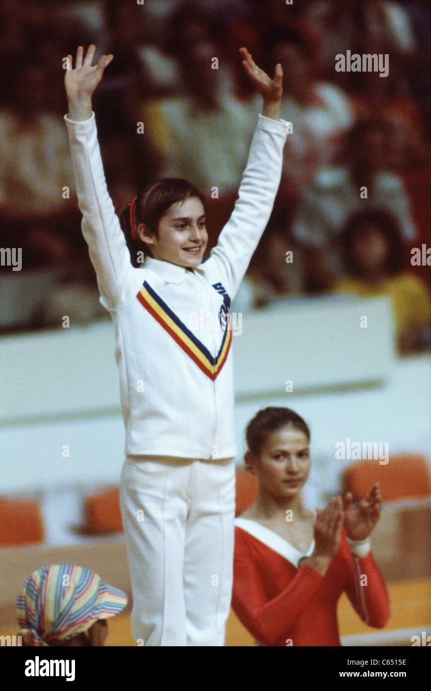 Nadia Comaneci (ROM) performing for the 1976 Montreal Olympic Games. Stock Photo