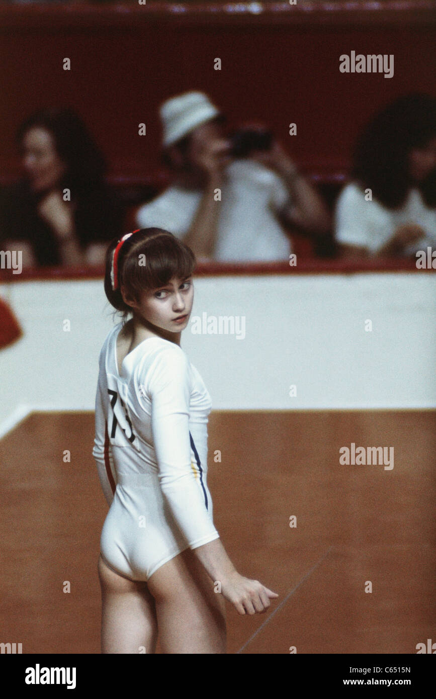 Nadia Comaneci (ROM) performing for the 1976 Montreal Olympic Games. Stock Photo