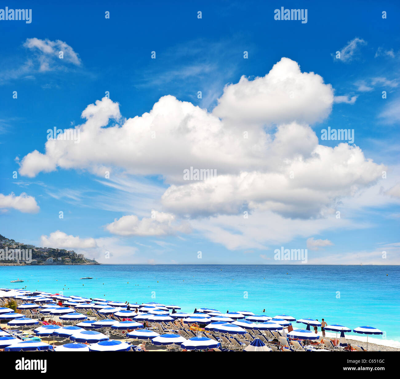 View of beach resort, Nice, France. Holiday background with beautiful blue sky Stock Photo