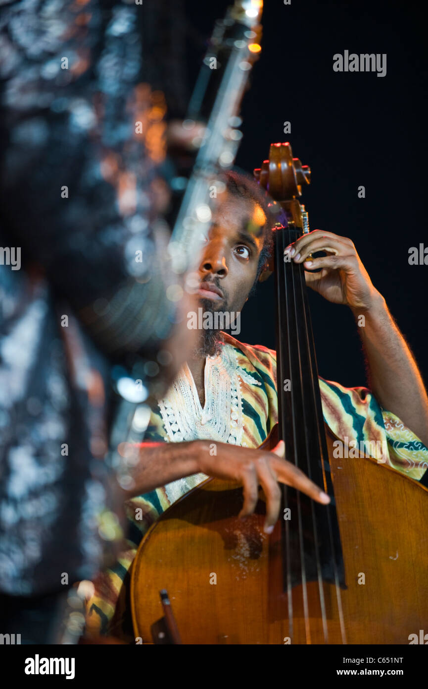 Double bass player Darren Taylor performing with the Courtney Pine band at Brecon Jazz Festival 2011 Stock Photo