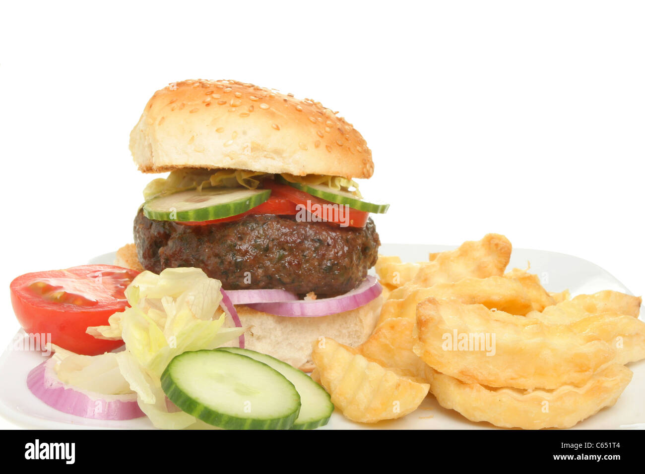 Closeup of a burger salad and chips Stock Photo