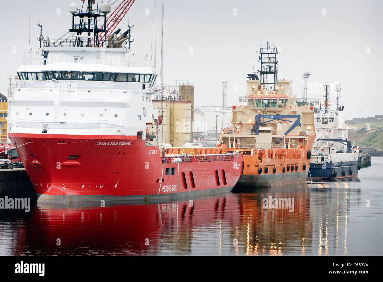 Oil rig supply vessels in Aberdeen docks on the north east of Scotland