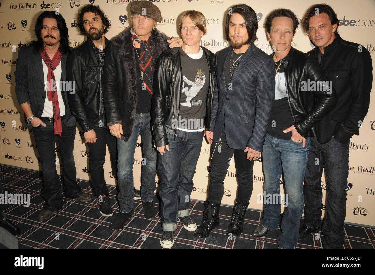Camp Freddie (starting third from left) Matt Sorum, Chris Chaney, Dave Navarro, Billy Morrison, Donovan Leitch, Jr), in attendance for Grand Opening of sbe's The Redbury Hotel, Hollywood, Los Angeles, CA October 20, 2010. Photo By: Dee Cercone/Everett Collection Stock Photo