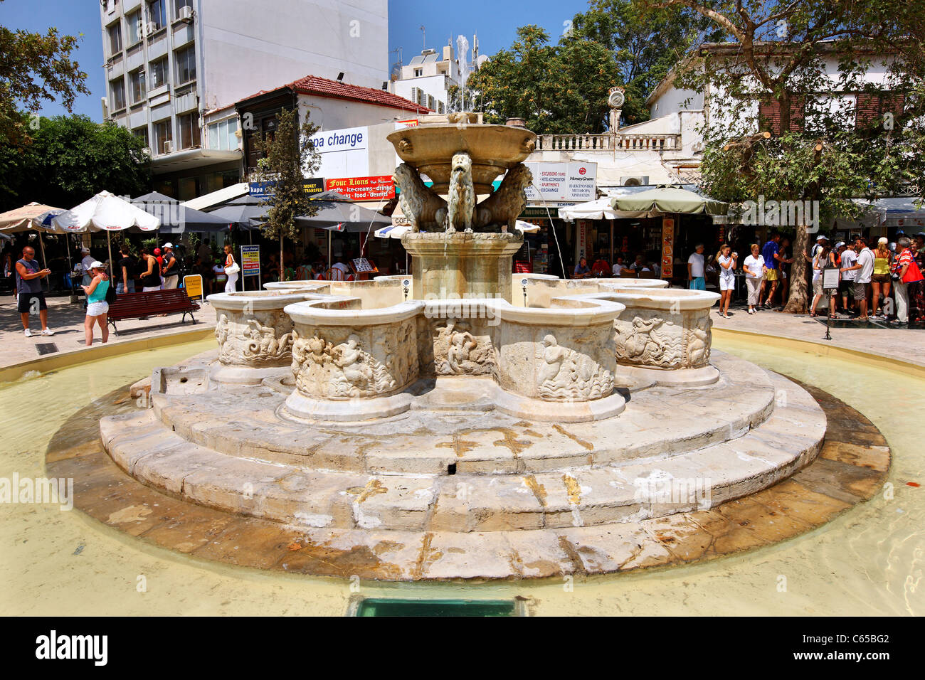 The Elefteriou Venizelou square with Morozini fountain, better known as "The Lions", Heraklion, Crete, Greece. Stock Photo