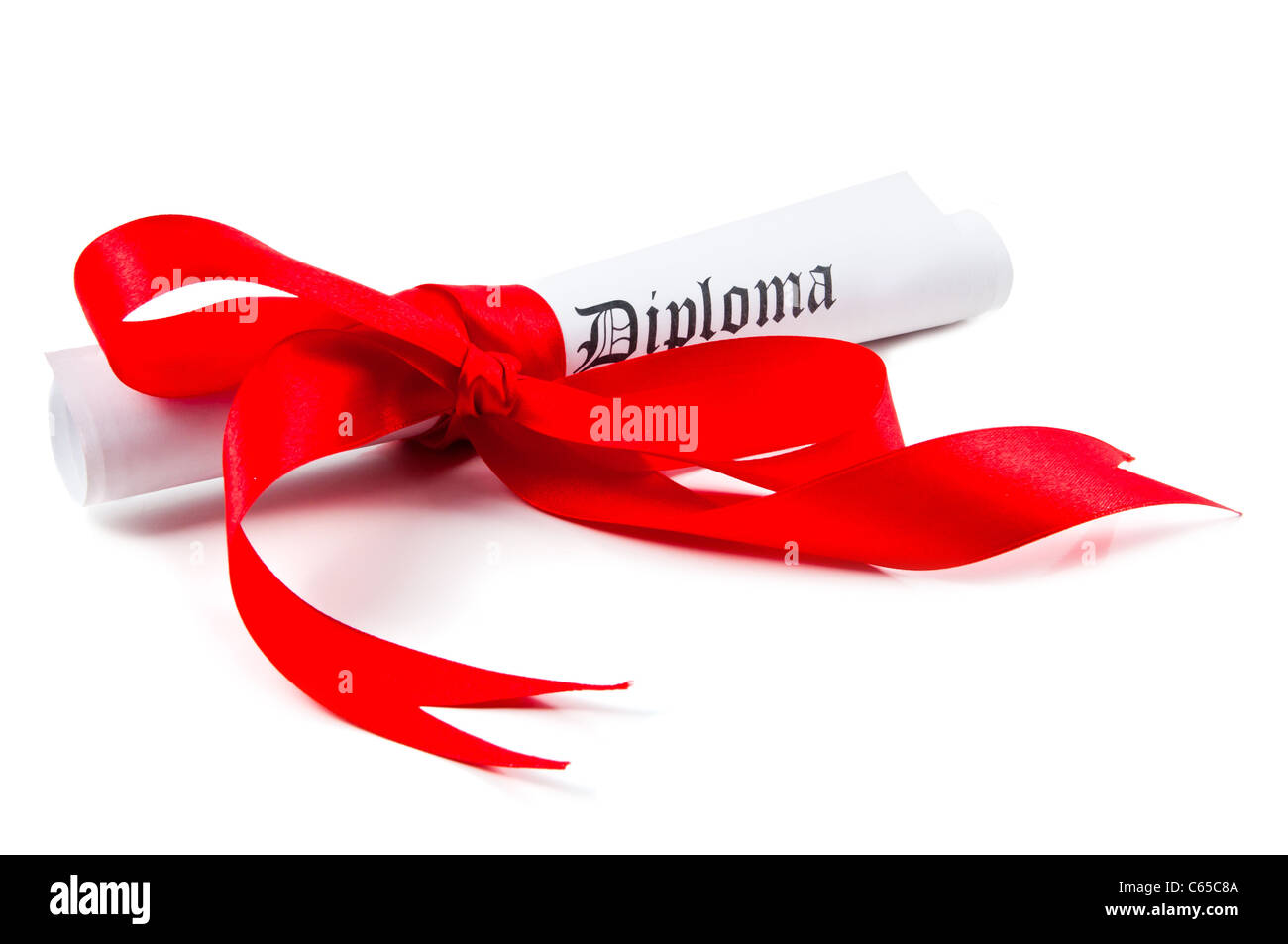 Diploma with red ribbon on white background Stock Photo