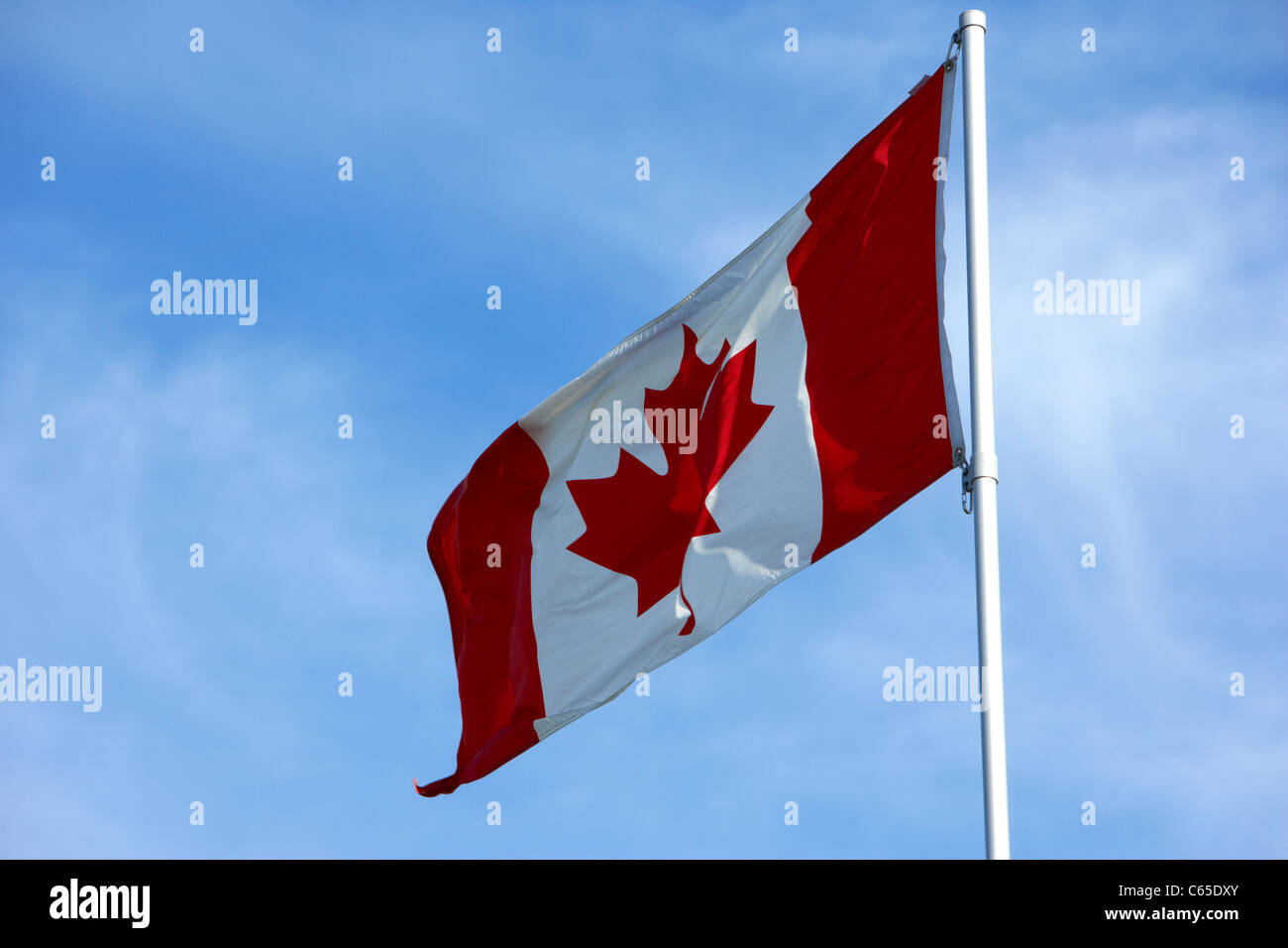 canadian maple leaf flag flying on canada day Saskatoon Saskatchewan Canada Stock Photo