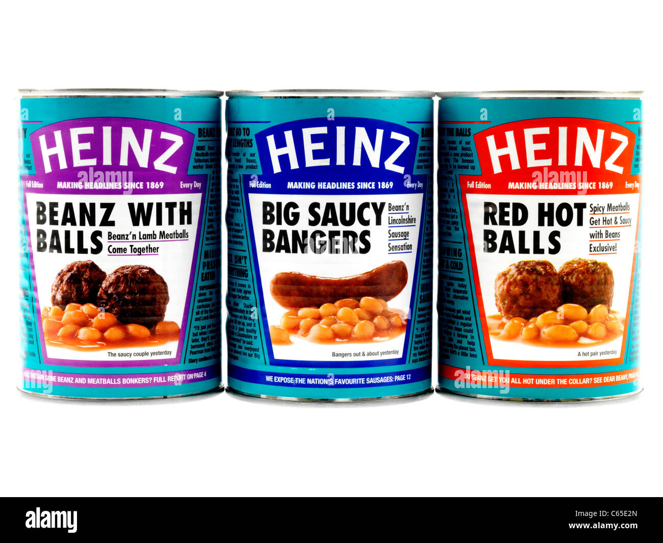 Tins Of Branded Heinz Assorted Baked Beans With Sausages Meat Balls And Chilli Meatballs Isolated Agianst A White Background Stock Photo