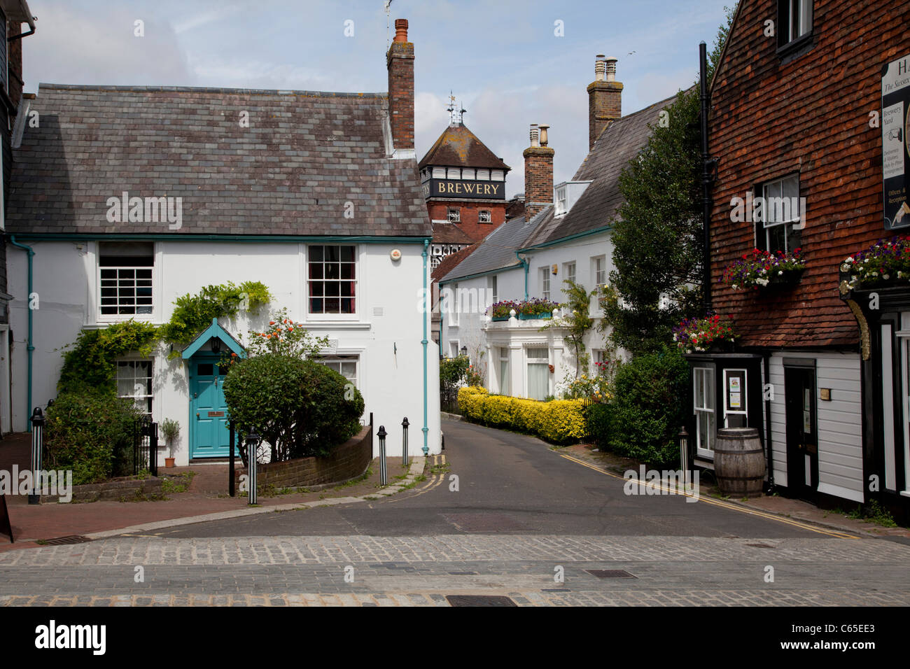 High street and entrance to harveys brewery, Lewes, Sussex,UK - Town scenes Stock Photo