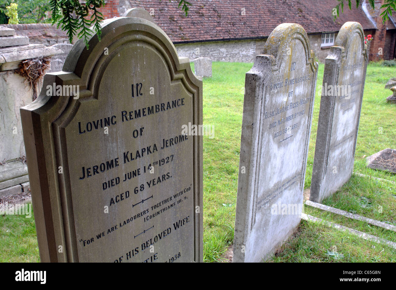 Jerome K. Jerome gravestone, Ewelme churchyard, Oxfordshire, England, UK Stock Photo