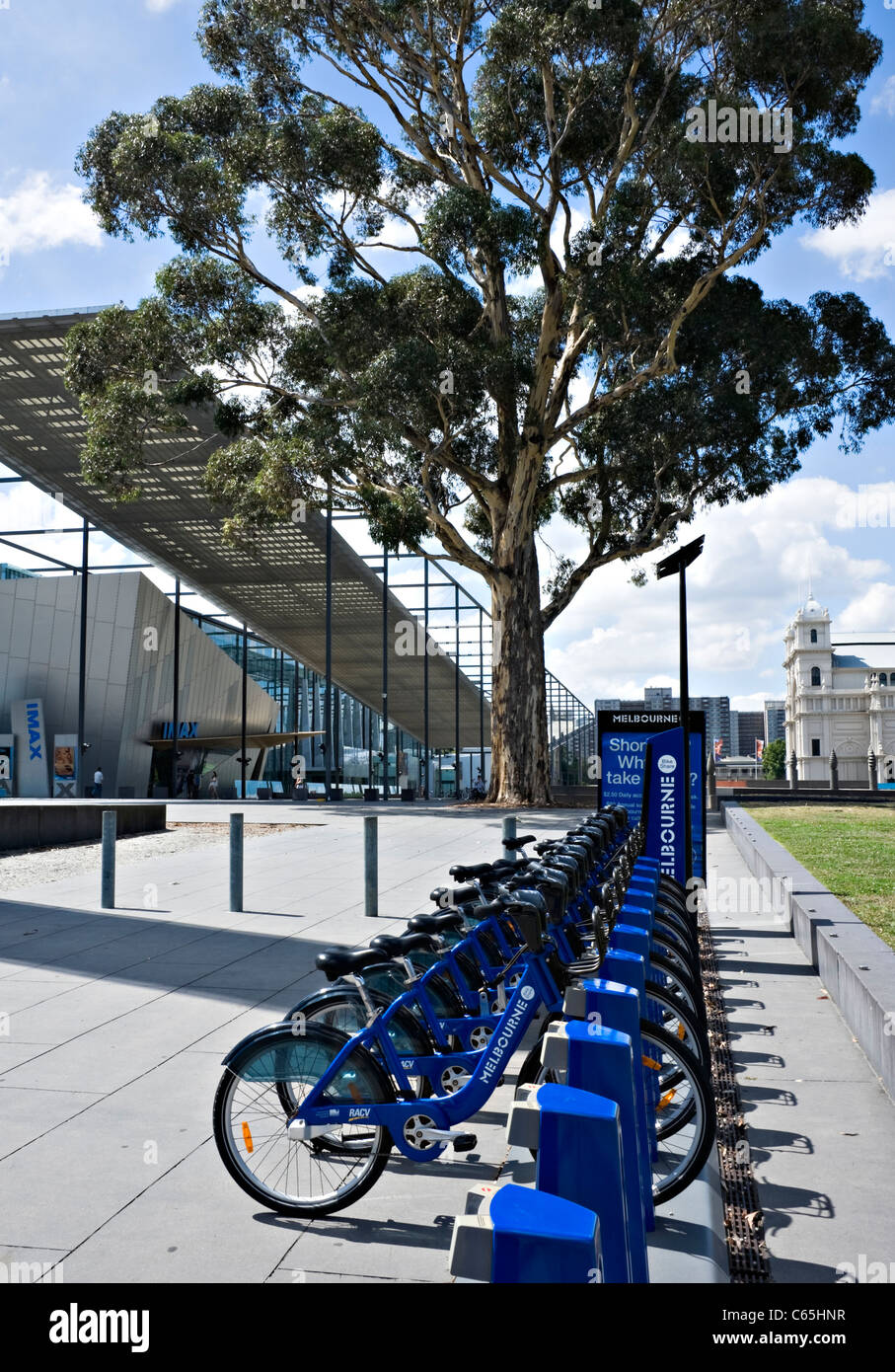 Bicycle Rack Outside the Imax Theatre and Museum in Melbourne Victoria Australia Stock Photo