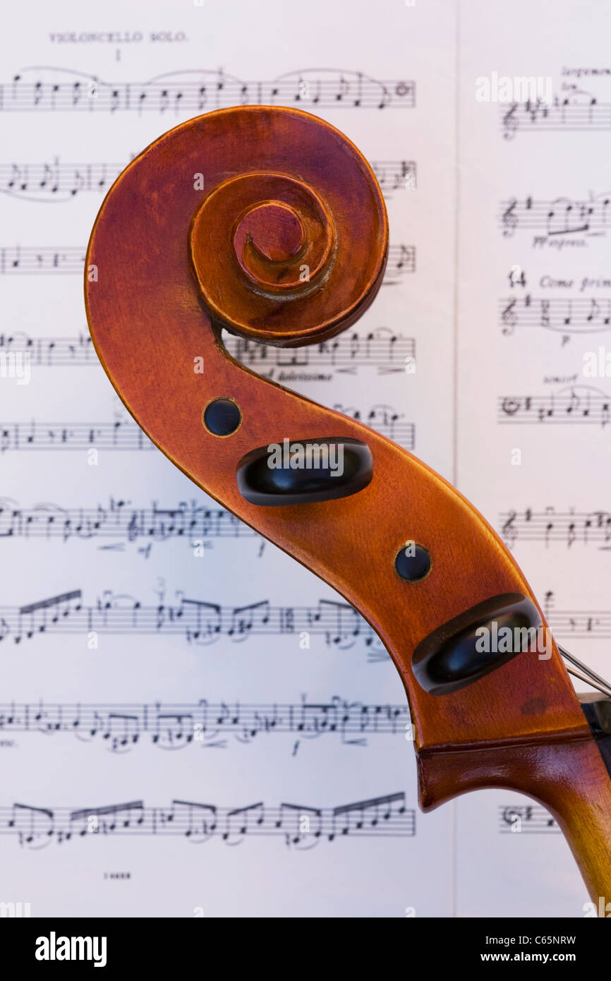 Violoncello scroll with a music background. Stock Photo