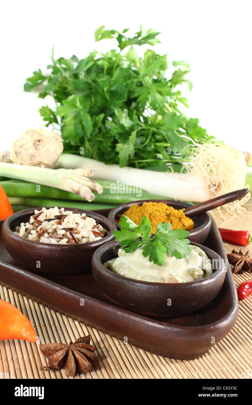 Indian green Curry with wild rice, chilli and bamboo shoots Stock Photo