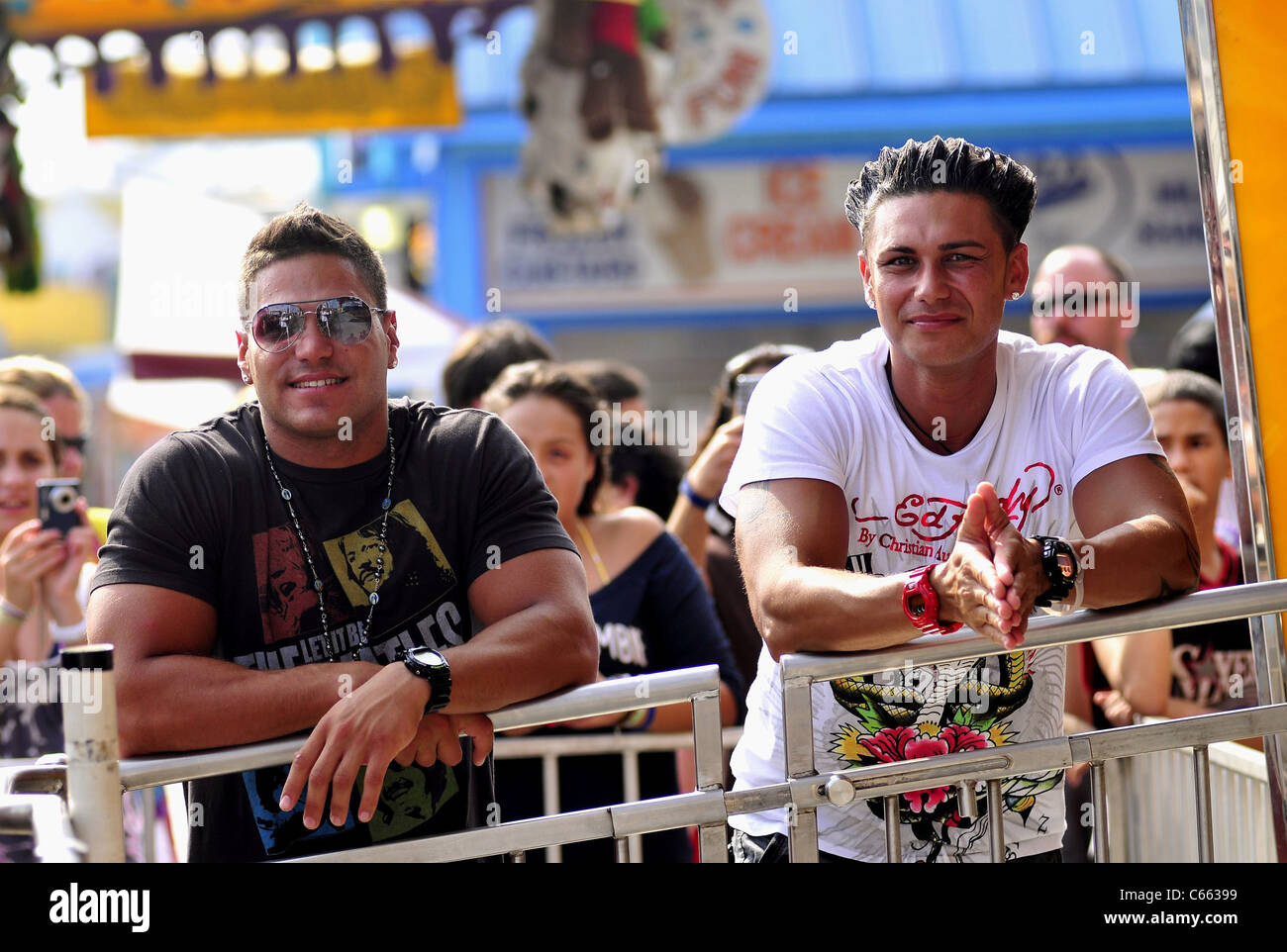 Ronnie Ortiz-Magro, Paul DelVecchio,( DJ Pauly D) on the boardwalk out and about for JERSEY SHORE Season Two Celebrity Candids - TUE, , Seaside Heights, NJ August 17, 2010. Photo By: William D. Bird/Everett Collection Stock Photo