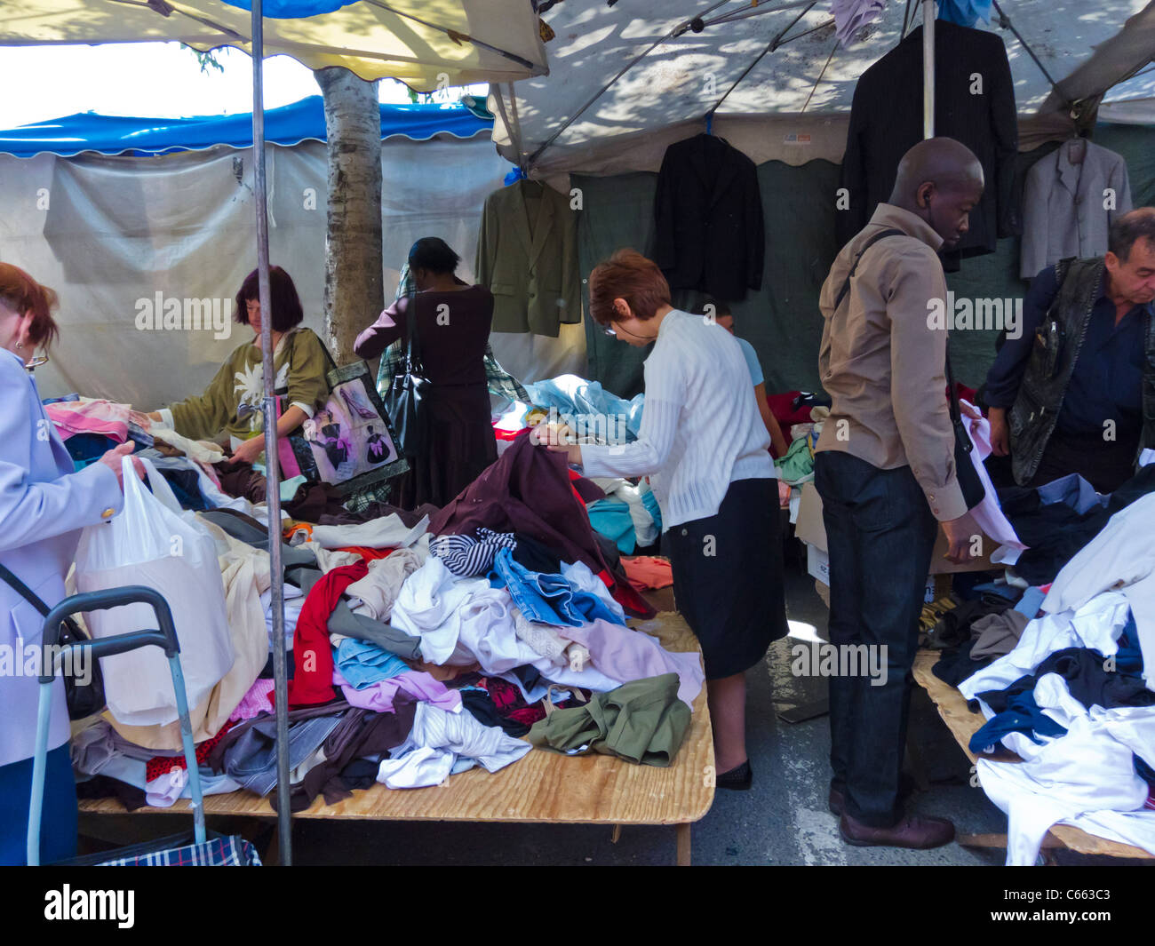 Paris, France, People Shopping for Used Clothing in Montreuil Flea Market, Suburban Flea Market