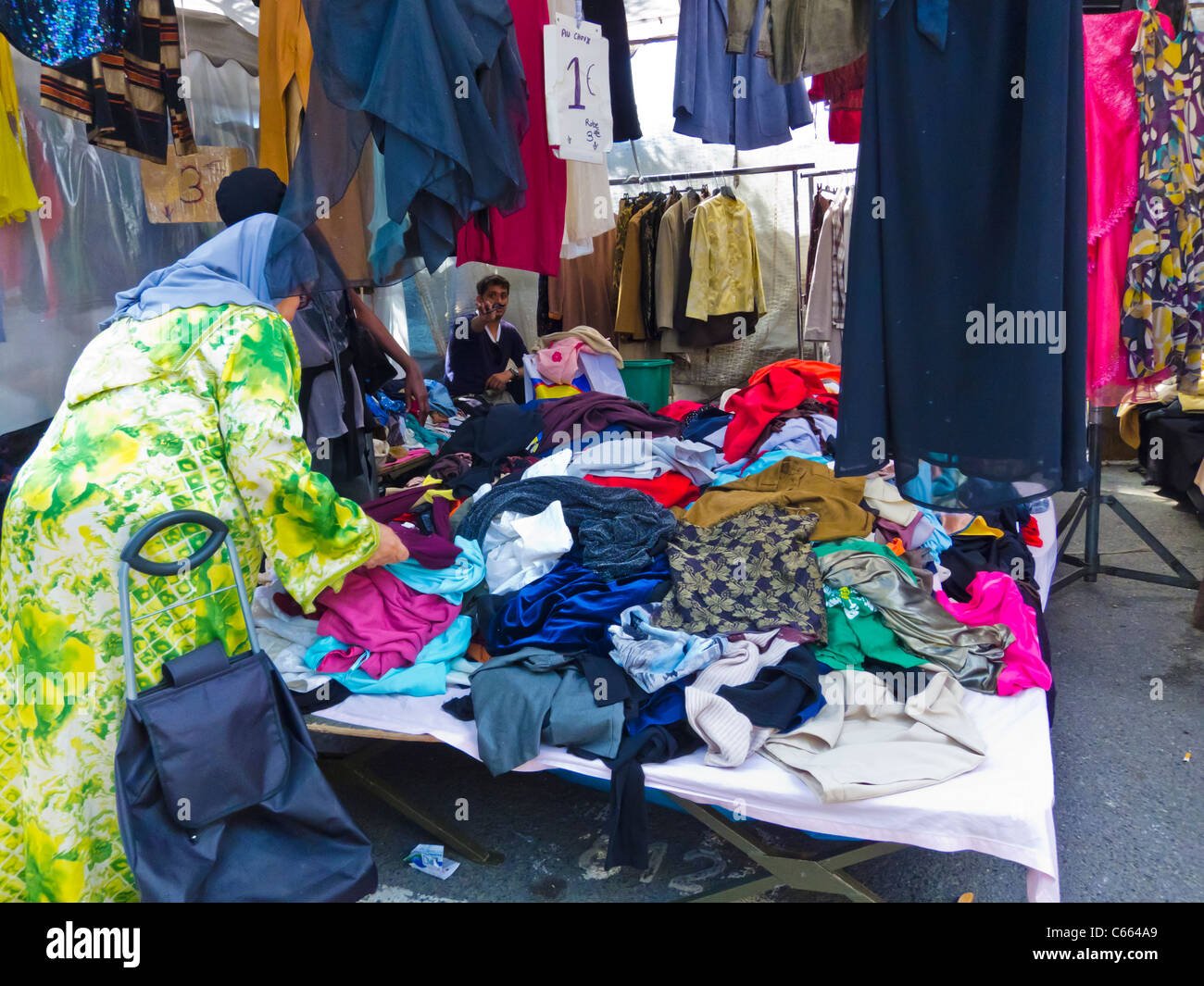 Paris, France, Women Shopping for Used Clothing in Montreuil Flea Market, Suburban Flea Market