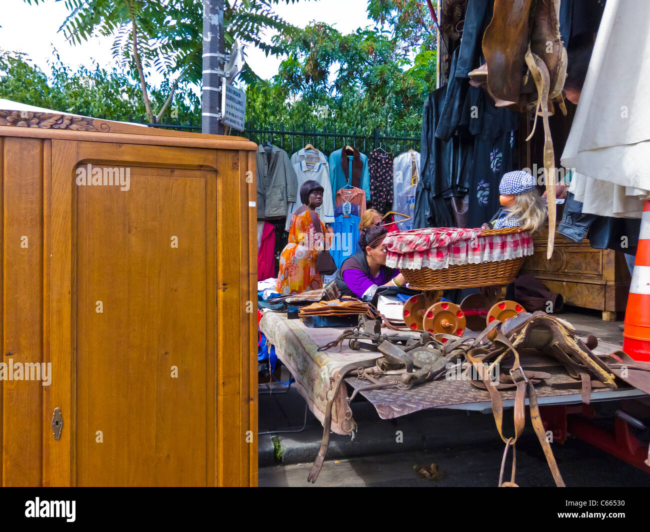 Paris, France, People Shopping on Sidewalk in Montreuil Flea Market in Suburbs, Suburban Flea Market Stock Photo