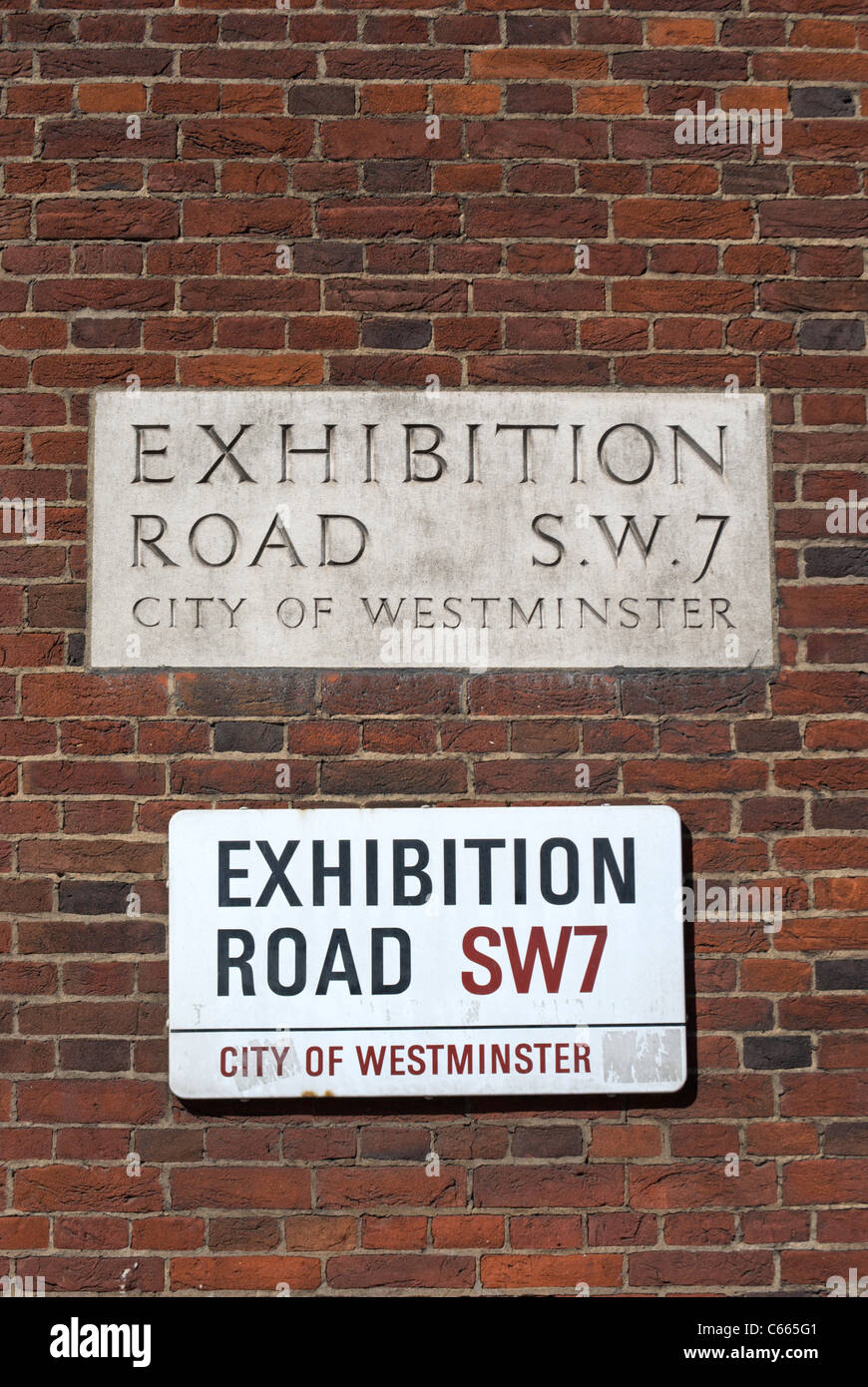 old and new signs for exhibition road, london, england Stock Photo