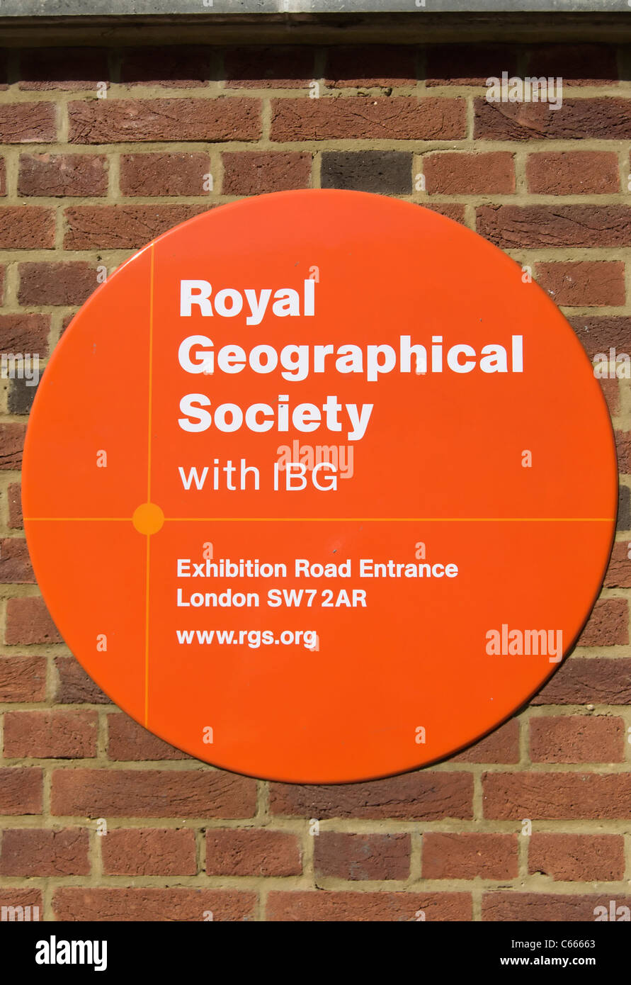 sign for the exhibition road entrance to the royal geographical society, london, england Stock Photo