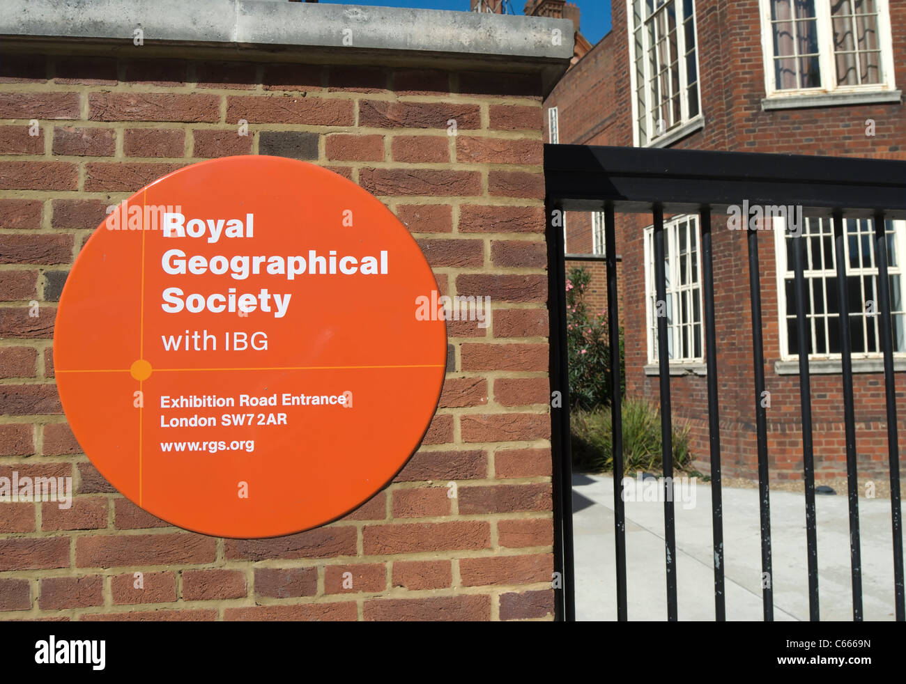 sign for the exhibition road entrance to the royal geographical society, london, england Stock Photo