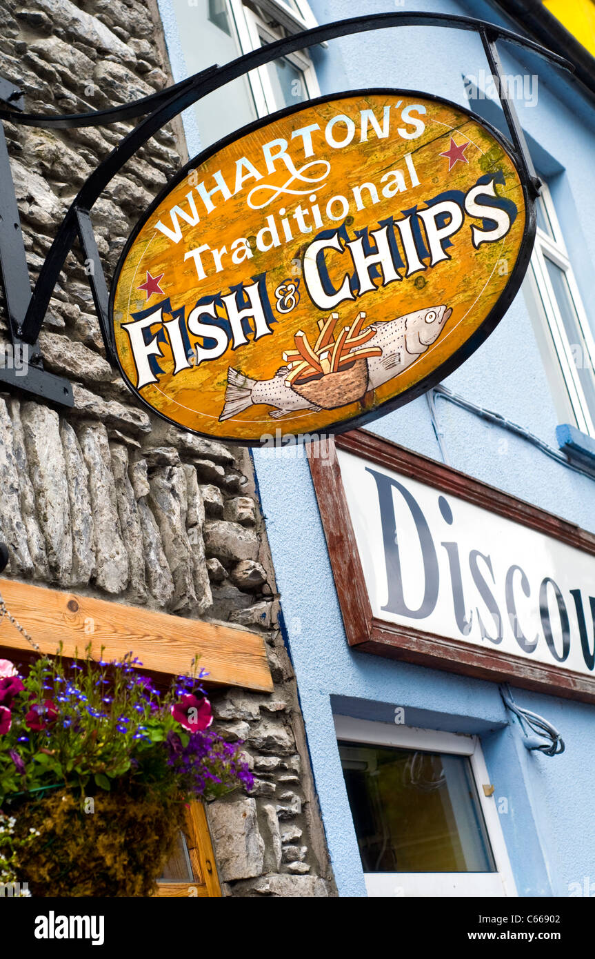 The sign above a fish and chip shop in Kenmare, County Kerry, Ireland Stock Photo