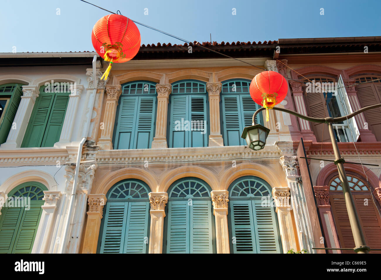 Colorful Shophouse in Chinatown, Singapore Stock Photo