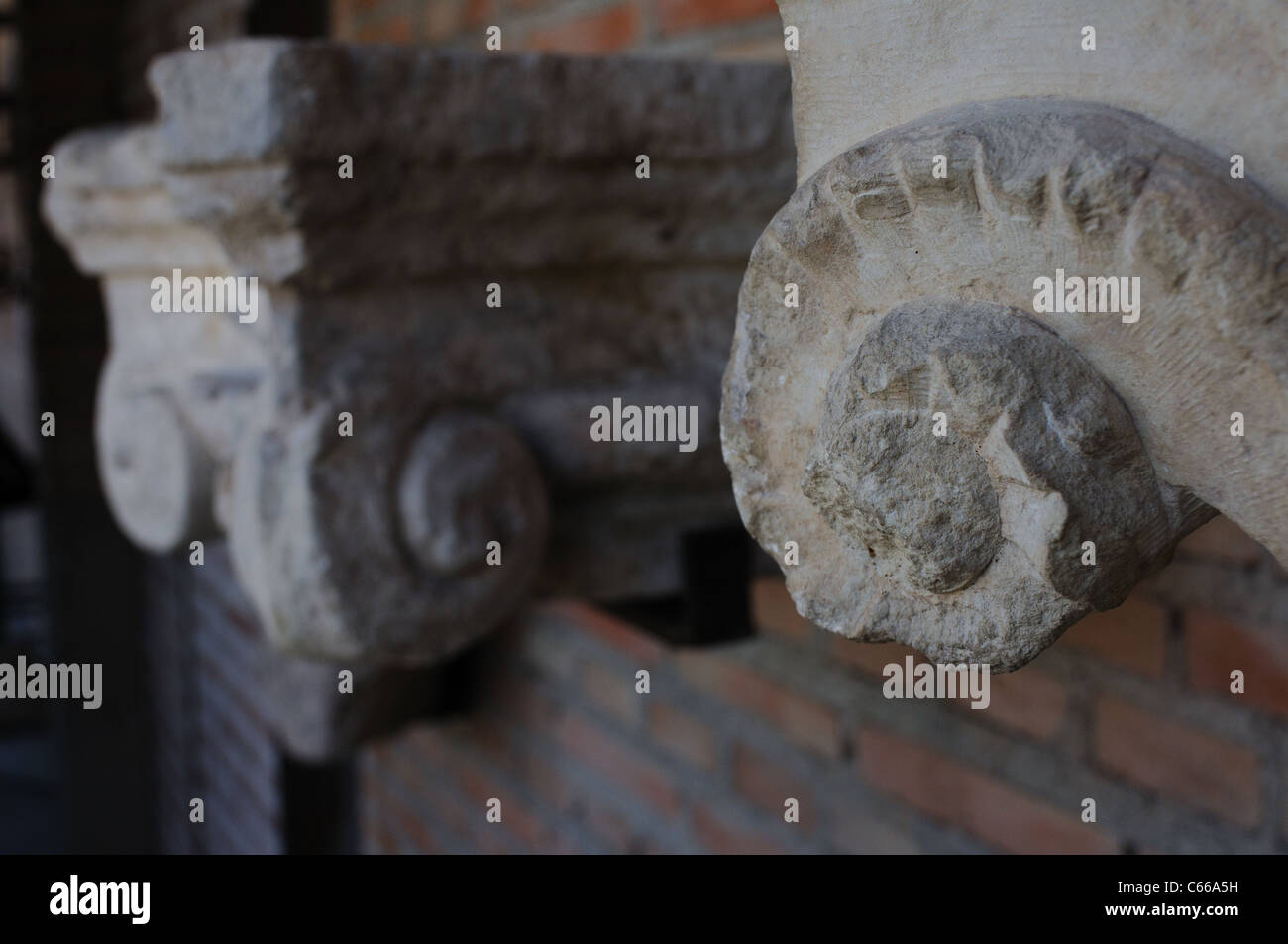 Ionic Capital  . Renaissance ( Plateresque ) belonging to the ANTIQUARIUM - Wall of ALCALA DE HENARES ( 13 th ).SPAIN Stock Photo