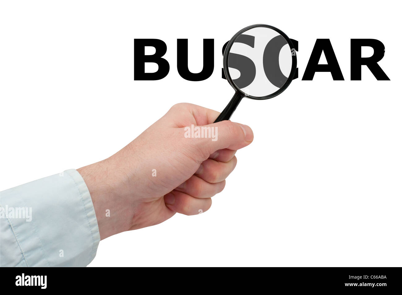 Searching - Man's Hand Holding Magnifying Glass and Search / Buscar Sign - Spanish Version Stock Photo