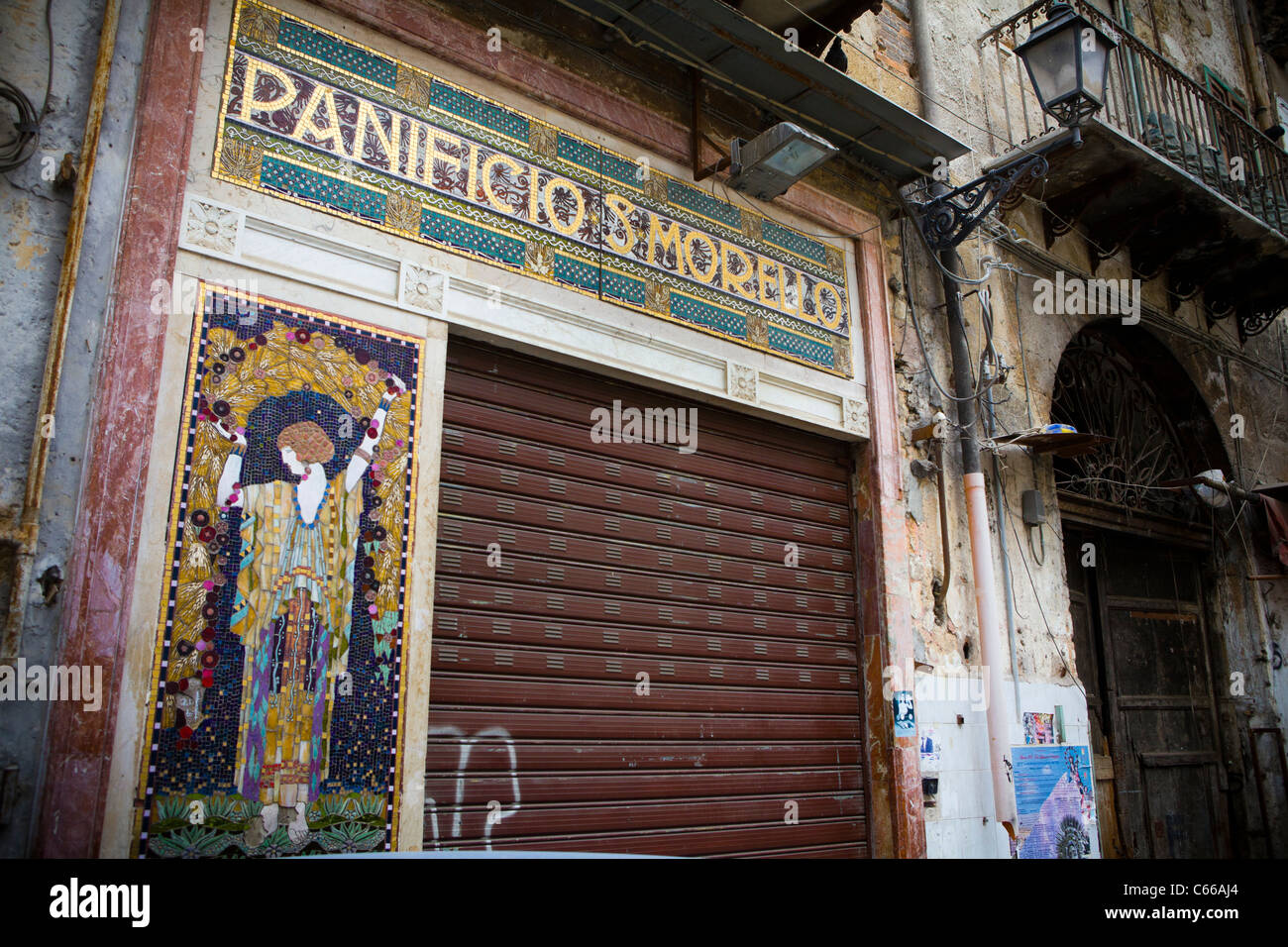 Beautiful vintage bakery shop facade and front door in Palermo, Sicily, Italy, Europe. Stock Photo