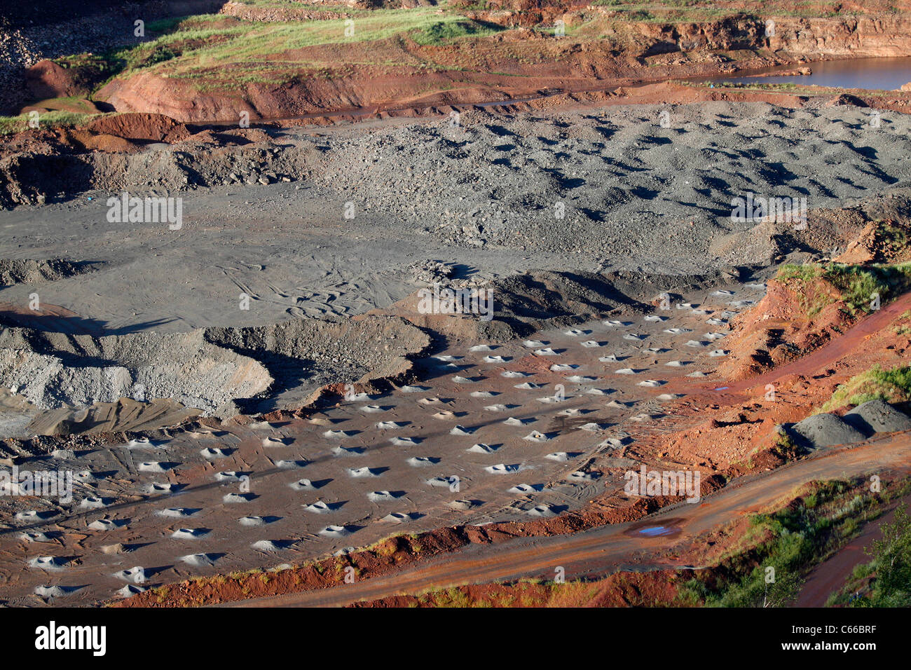 Hull–Rust–Mahoning Open Pit Iron Mine, blast hole pattern on new area to be mined. Stock Photo