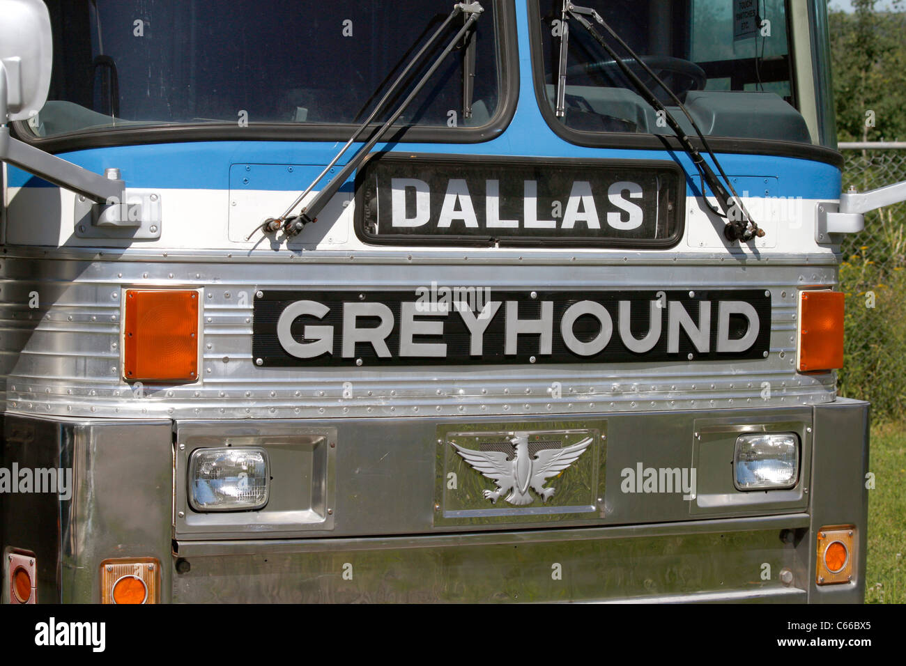 Greyhound bus 'bound' for Dallas, parked at Greyhound bus museum, Hibbing Minnesota Stock Photo