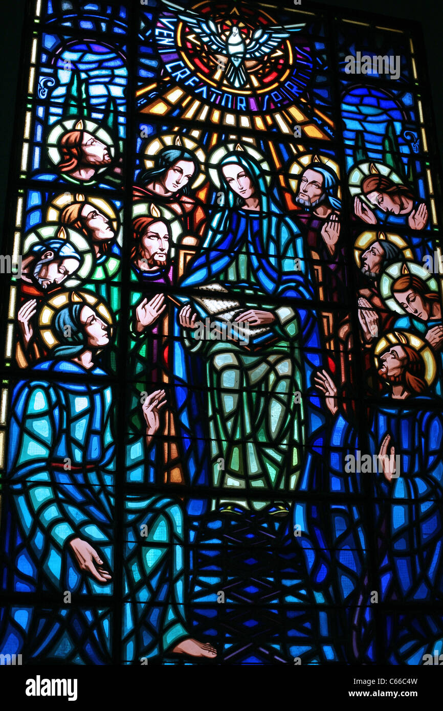 Elaborate detail of stain glass window inside the Iglesia de la Merced. Stock Photo