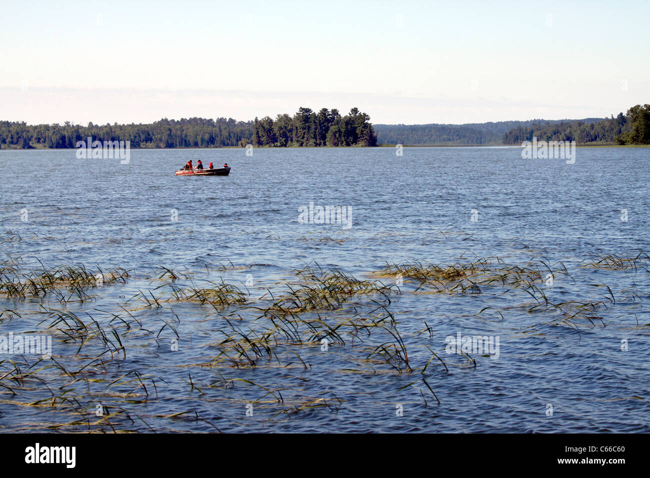 Boating on East arm Lake Itasca, Itasca State Park headwaters of the Mississippi river in Minnesota Stock Photo