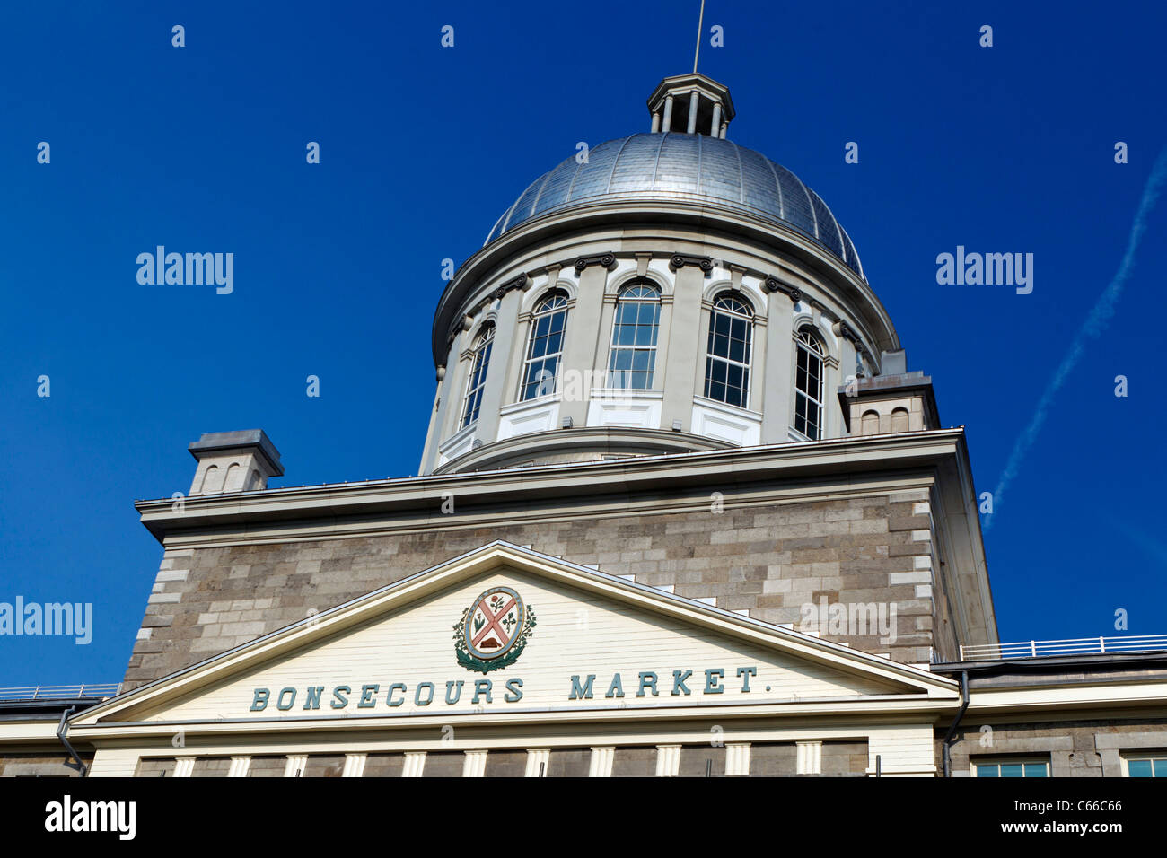 Detailed view of the front and silver dome of the Bonsecours Market / Marche Bonsecours, Old Montreal, Montreal, Quebec, Canada Stock Photo