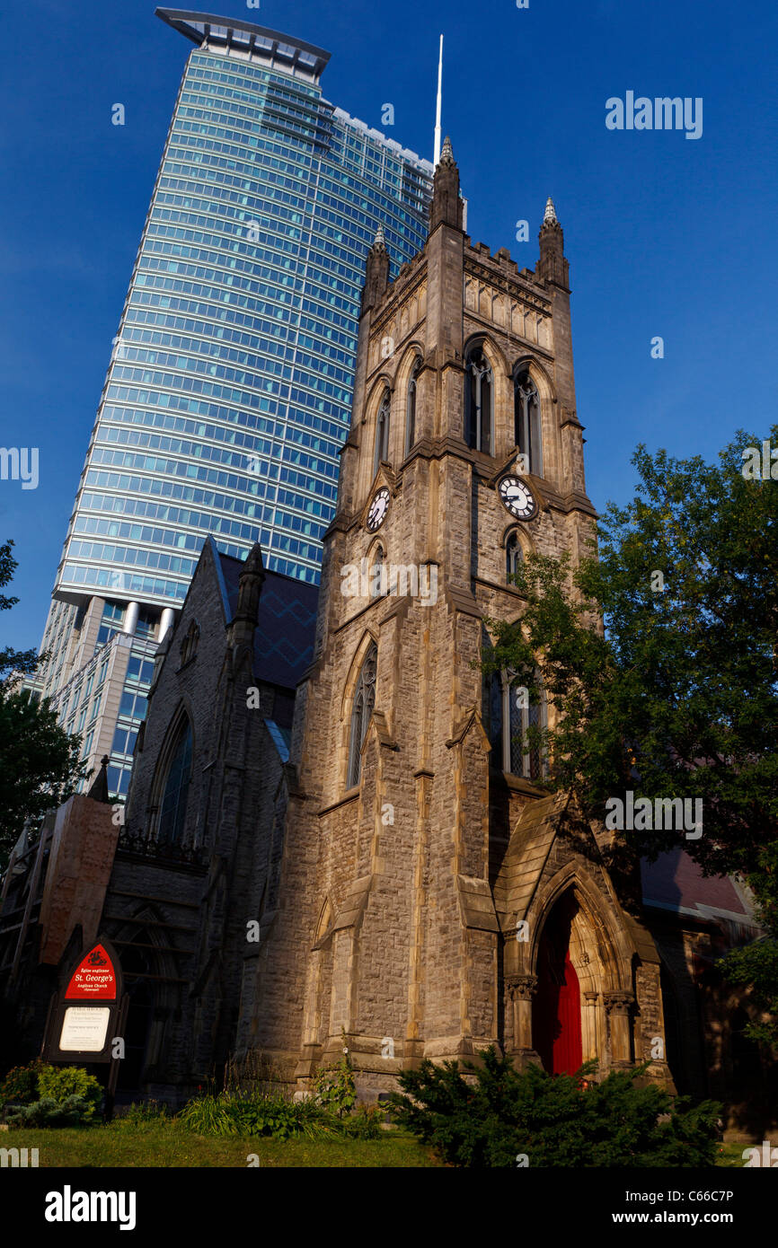St. George's Anglican Church (Episcopalian) with skyscraper in the background, downtown, Montreal, Quebec, Canada Stock Photo